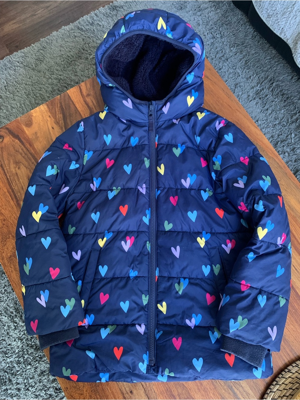 Primark Navy Hooded Puffer Jacket with Multicolor Heart Print